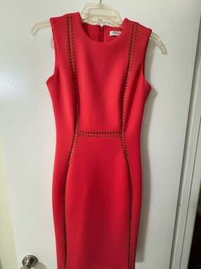 Calvin Klein Sleeveless Studded Sheath Dress in coral